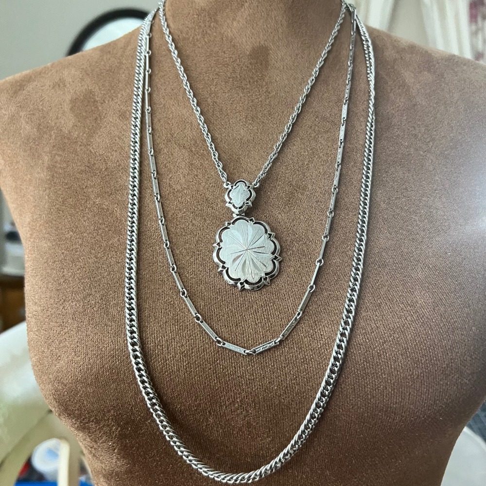 Vintage Silver Tone Multi Strand 30 Inch Pendant Necklace 30" Boho 70s